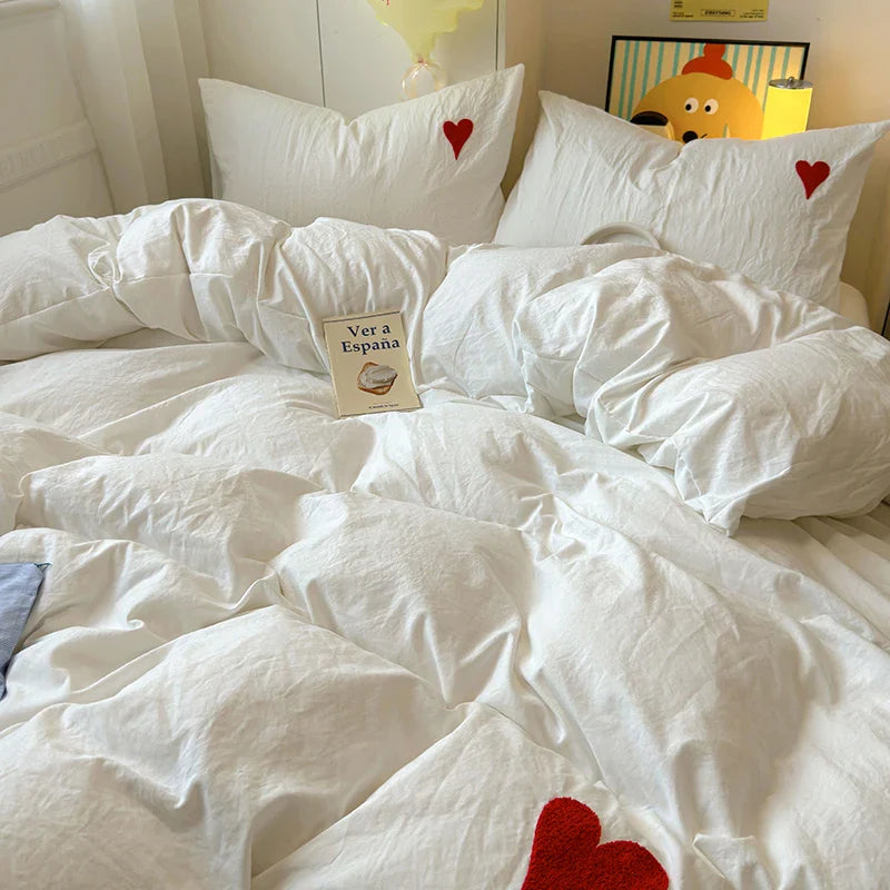 Rynx | Cute pink heart bedding set in Nordic embroidery bed sheet set of four pieces for home luxury duvet cover set for girls