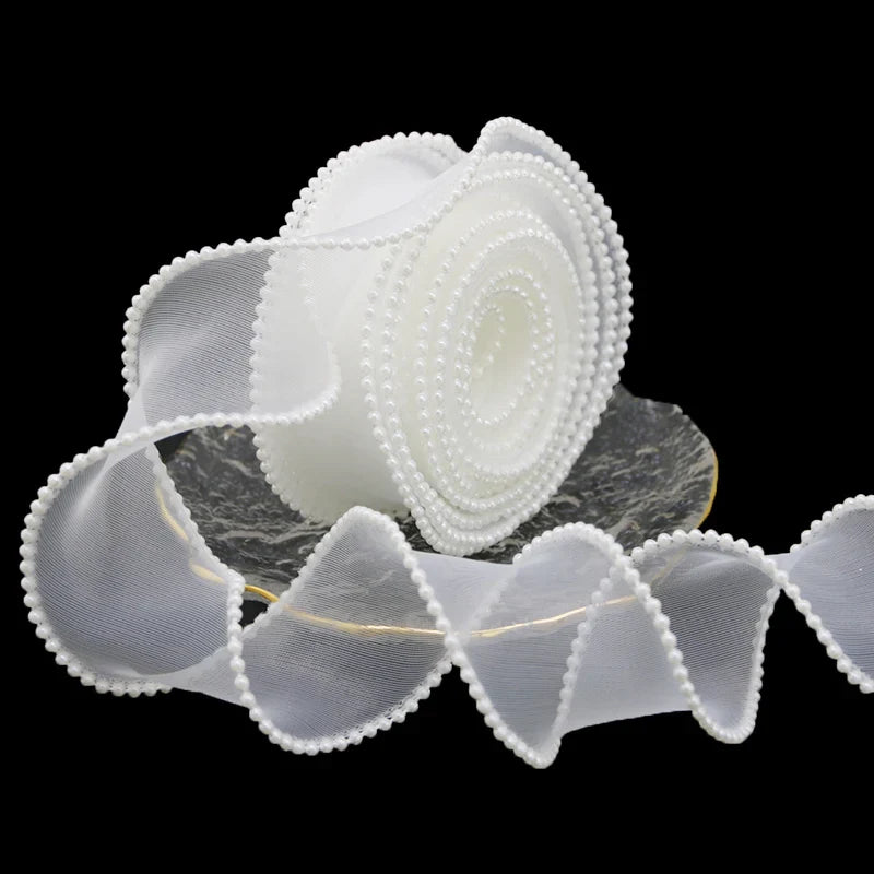 Rynx | (5 Yards/Roll) 4 cm Pearl Edge Organza Ribbon Wave Silk Lace Children Hair Accessories Lolita Handmade Decorative Gift Box Wedding