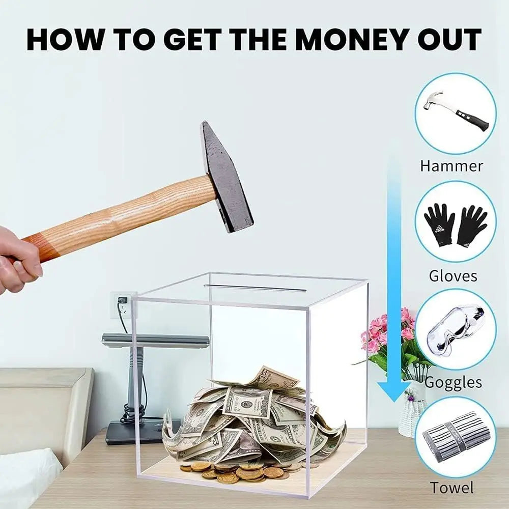 Rynx | 2023 Upgraded Piggy Bank for Adults - Clear Acrylic Money Saving Bank, Break to Open, Designed for Saving Only