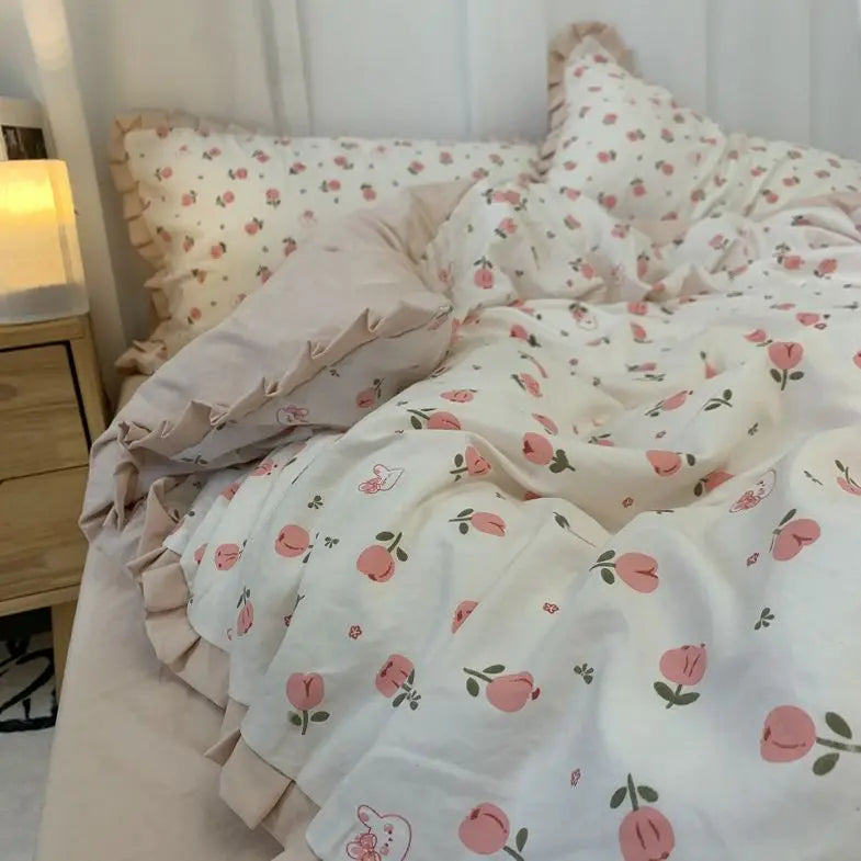 Rynx | French Style Bedding Set Pastel Colored Grape Double-layered Gauze Light Purple Wash Cotton Duvet Cover Bed Sheet Blanket