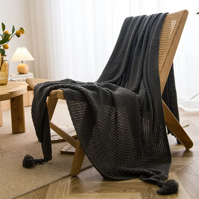 Rynx | Nordic blankets for bed sofa couch chunky knit bedspread knitted throw blanket with fringes solid color waffle embossed blanket