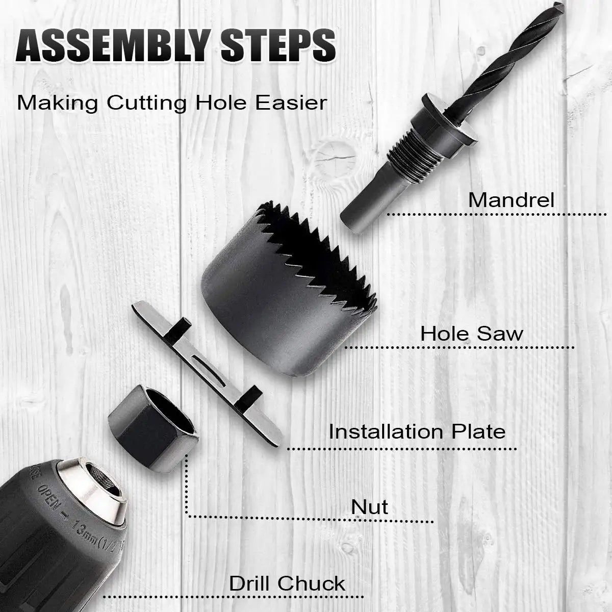 Rynx | Hole Saw Kit: 2/3/6/8/13/16PCS Set with Mandrels, Hex Key & Storage Box - Ideal for Soft Wood & PVC Board