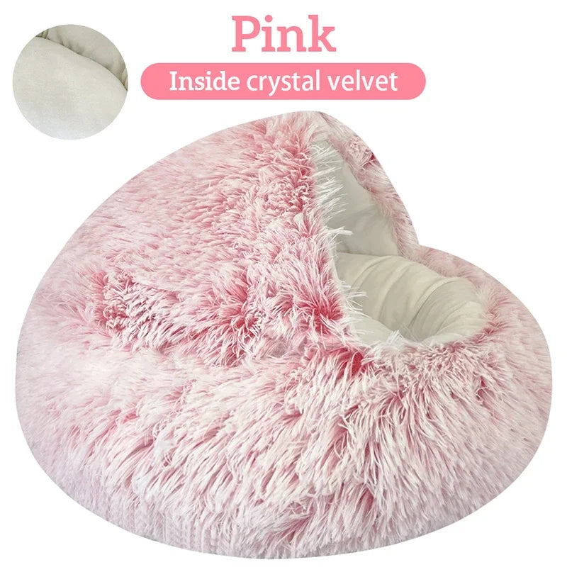 Rynx | Long Plush Cat Bed Round Cat Pillow Cat House 2 in 1 Warm Cat Basket Cat Sleeping Bag Cat Nest Kennel for Small Dog Cat