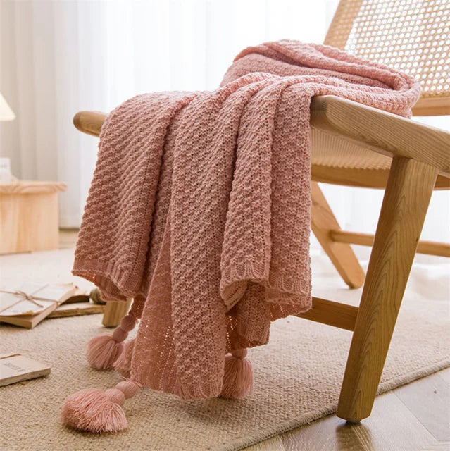 Rynx | Nordic blankets for bed sofa couch chunky knit bedspread knitted throw blanket with fringes solid color waffle embossed blanket