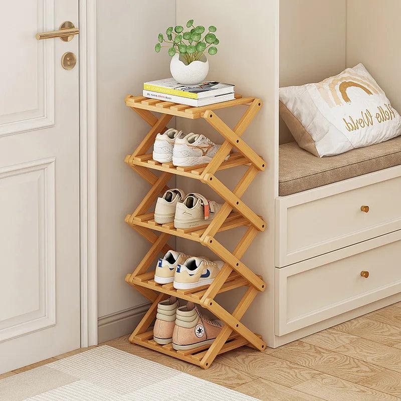 Rynx | Elegant expandable shoe rack made of bamboo with customizable shelf options
