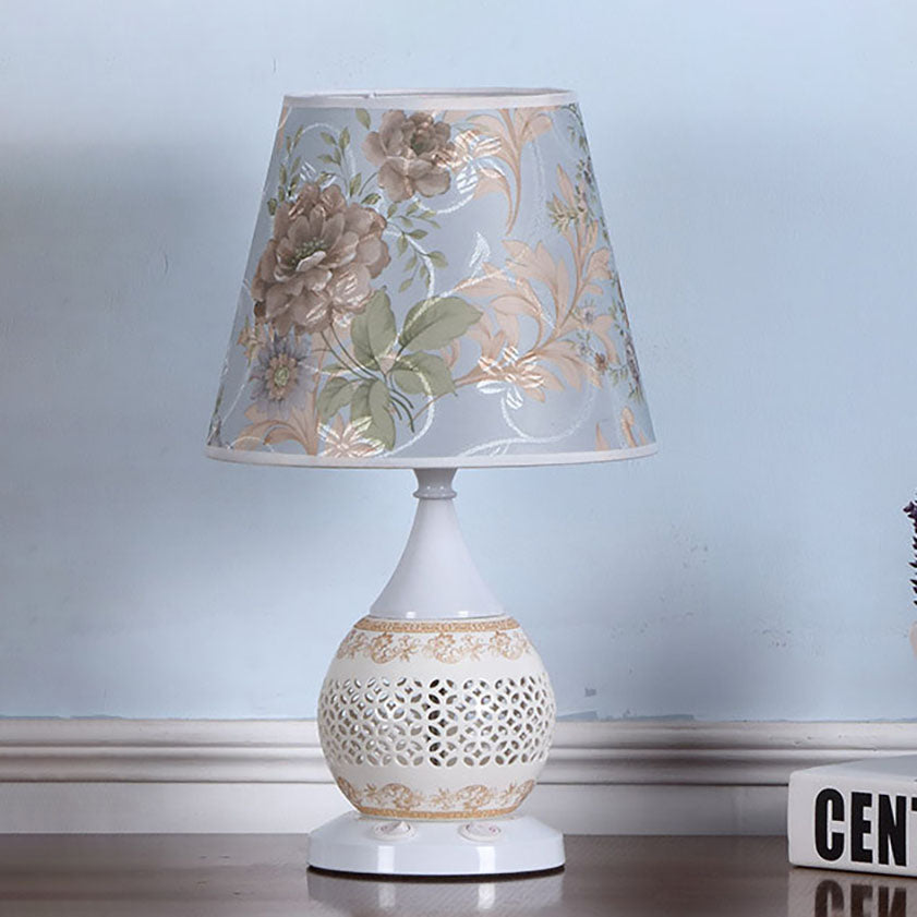 Rynx | Chinese Minimalist Ceramic Floral Fabric Cone 1-Light Table Lamp
