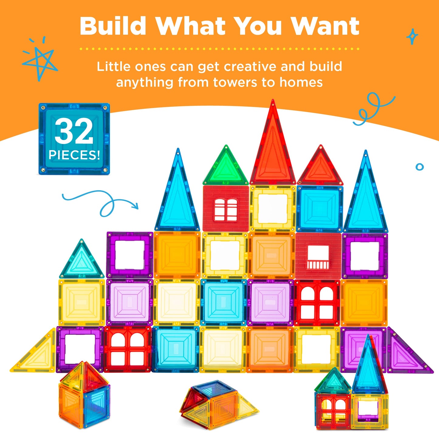 Rynx | 32-piece children's mini magnetic tiles educational STEM toy set with carrying case
