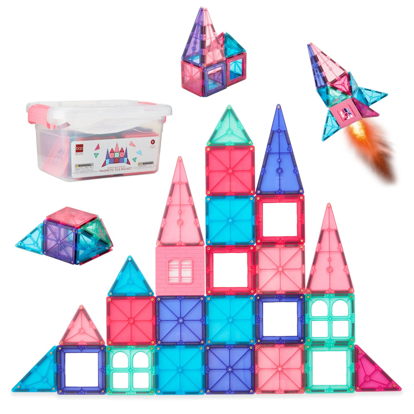 Rynx | 32-piece children's mini magnetic tiles educational STEM toy set with carrying case