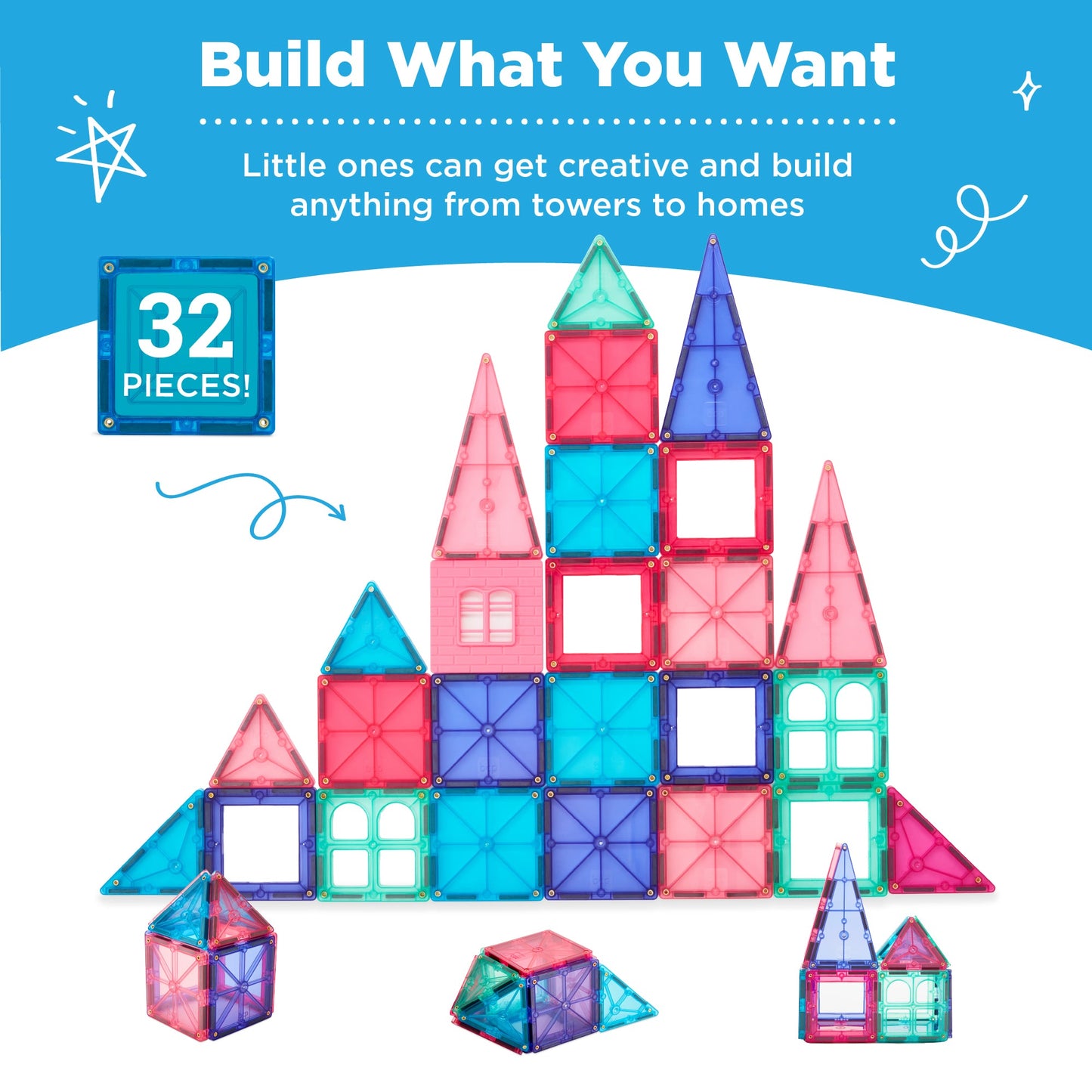 Rynx | 32-piece children's mini magnetic tiles educational STEM toy set with carrying case