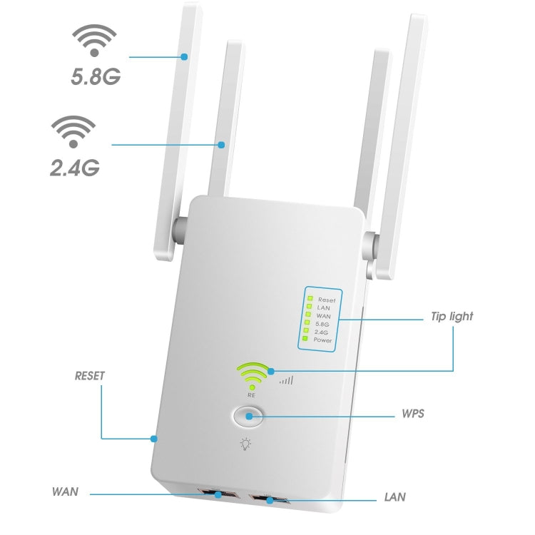 Rynx | U6 5Ghz Wireless WiFi Repeater 1200Mbps Router Wifi Booster 2.4G Long Range Extender (US Plug)