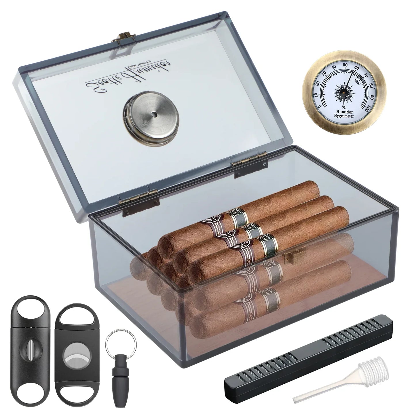 Rynx | Scotte Acrylic Cigar Case Humidor – Holds 20 Cigars, Includes Hygrometer, Humidifier, Cigar Cutters, Punch & Accessories