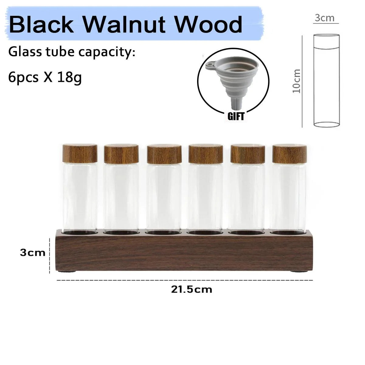 Rynx | Stylish Walnut Base Coffee Bean Display Organizer with Elegant Glass Tubes