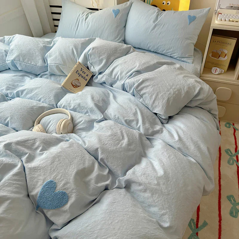 Rynx | Cute pink heart bedding set in Nordic embroidery bed sheet set of four pieces for home luxury duvet cover set for girls