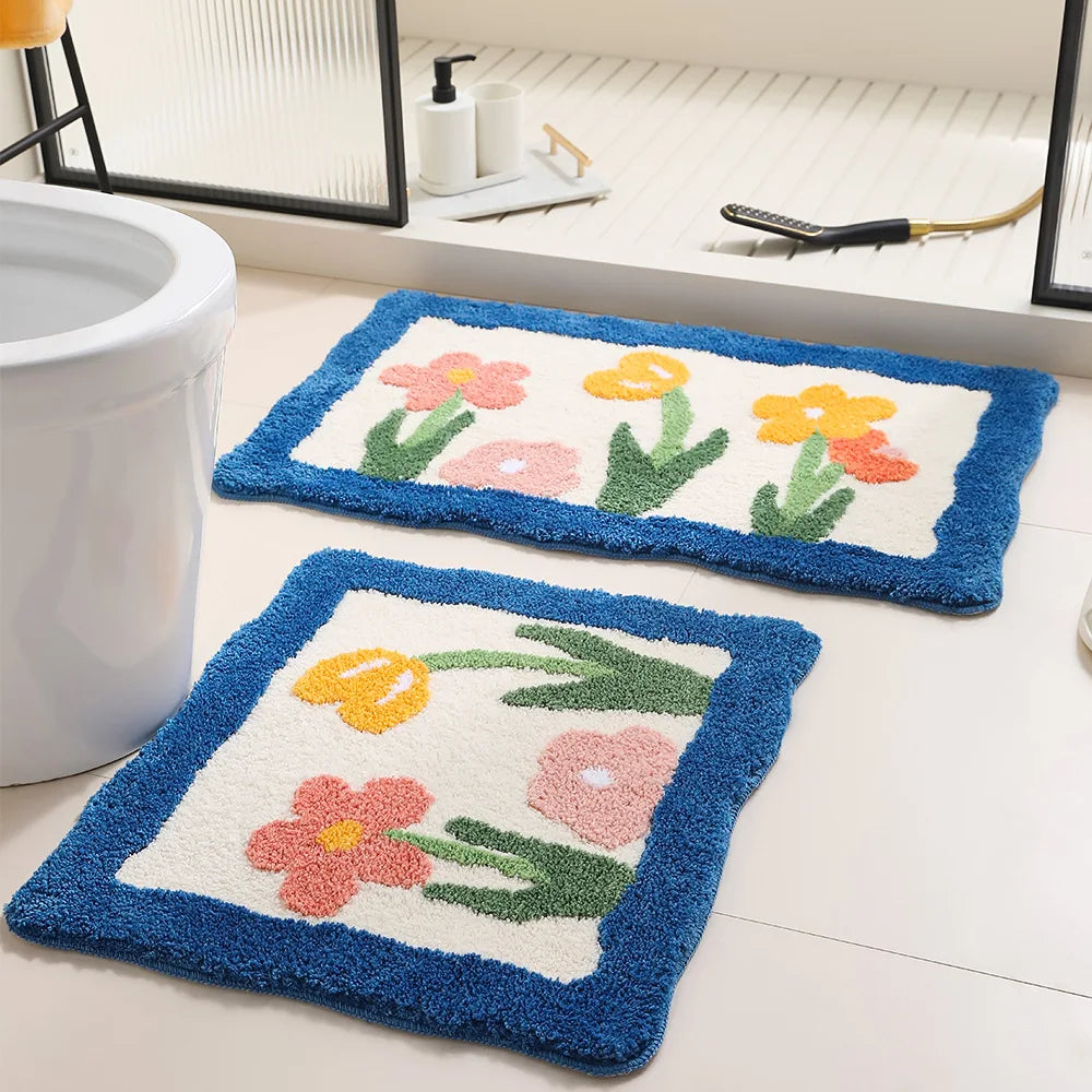 Rynx | Floral Tuffing Bathroom Mat Soft Tulip Nightstand Foot Rug Carpet Floor Cushion Bedroom Doormat Aesthetic Living Space Order Decor
