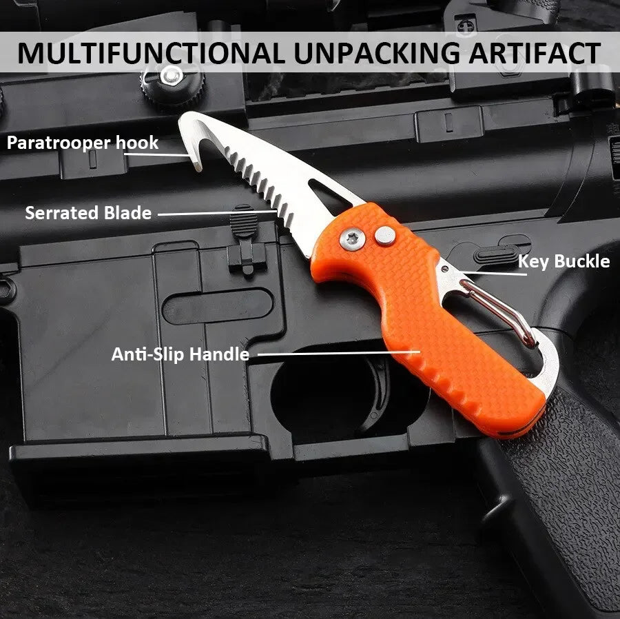 Rynx | Portable Folding Knife with Keychain - Serrated Hook Knife for Outdoor Camping, Express Package Gift, and Survival Tool Box Opener