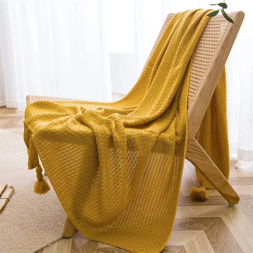 Rynx | Nordic blankets for bed sofa couch chunky knit bedspread knitted throw blanket with fringes solid color waffle embossed blanket