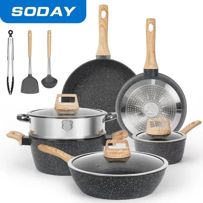 Rynx | SODAY 12 Piece Granite Nonstick Cookware Set - Induction Compatible Kitchen Pots and Pans 12pcs Black