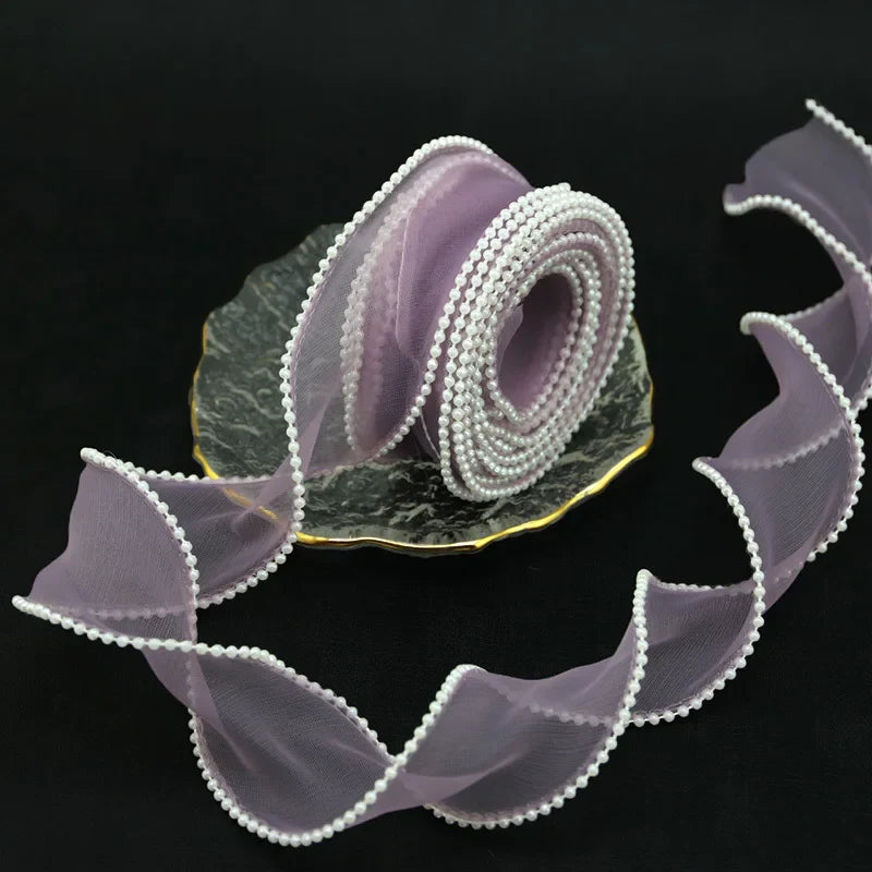 Rynx | (5 Yards/Roll) 4 cm Pearl Edge Organza Ribbon Wave Silk Lace Children Hair Accessories Lolita Handmade Decorative Gift Box Wedding