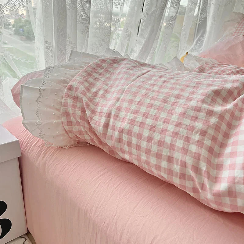 Rynx | Korean Princess Style Grid Double Layer Lace Bedding Set Soft Duvet Cover Check Pattern Bed Covers Set Bed Sheets Pillow Covers