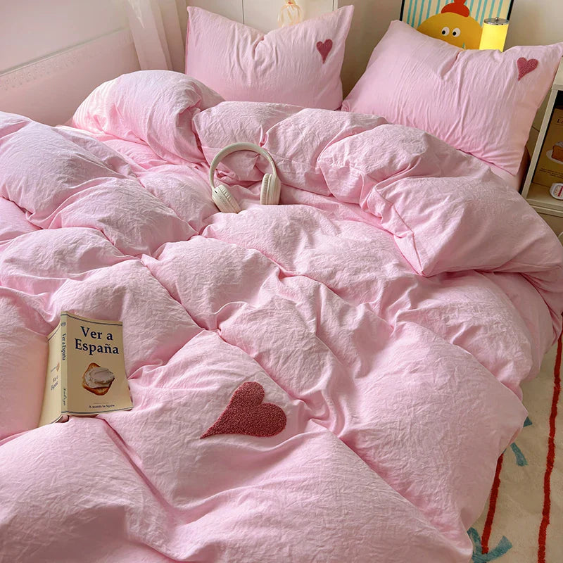 Rynx | Cute pink heart bedding set in Nordic embroidery bed sheet set of four pieces for home luxury duvet cover set for girls