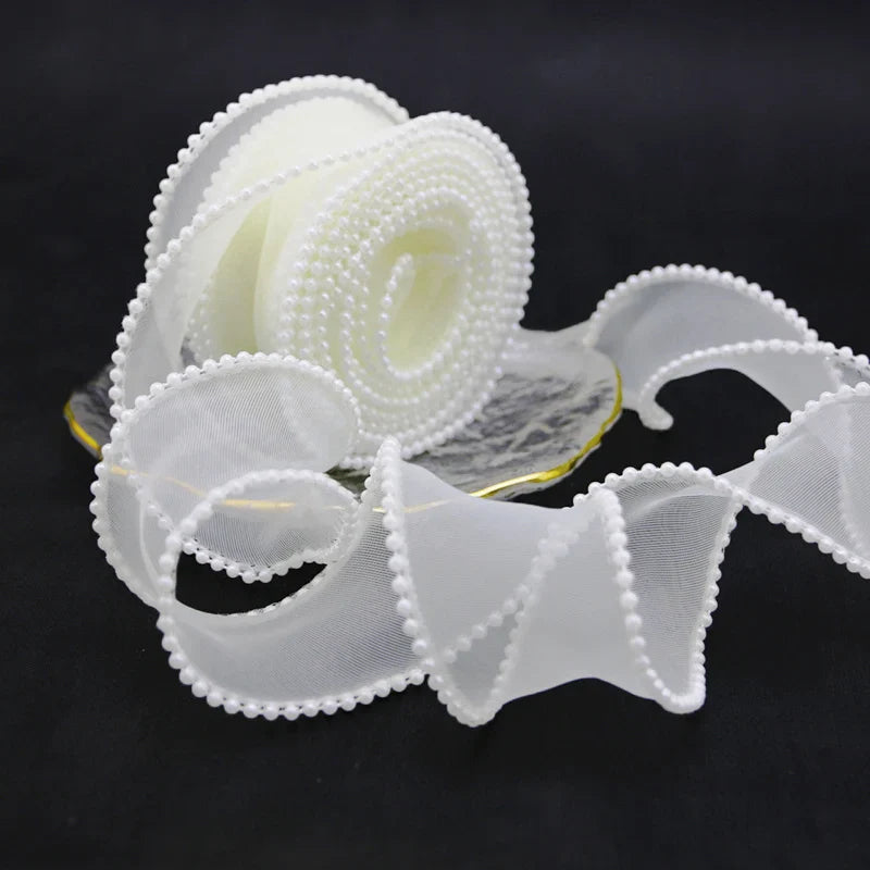 Rynx | (5 Yards/Roll) 4 cm Pearl Edge Organza Ribbon Wave Silk Lace Children Hair Accessories Lolita Handmade Decorative Gift Box Wedding