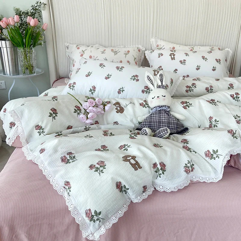 Rynx | Ins Floral Bettwäsche Set Spitze Romantisch Für Frauen Mädchen Flach Spannbetttuch Mit Orange Kissenbezügen Weiches Gewaschenes Baumwolle Vollgröße
