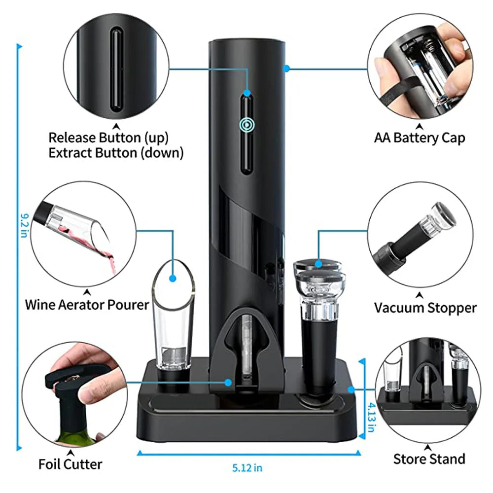 Rynx | Electric Wine Opener - Automatic Corkscrew with Stand Holder, Foil Cutter, and Beer Bottle Opener - Kitchen and Bar Can Opener