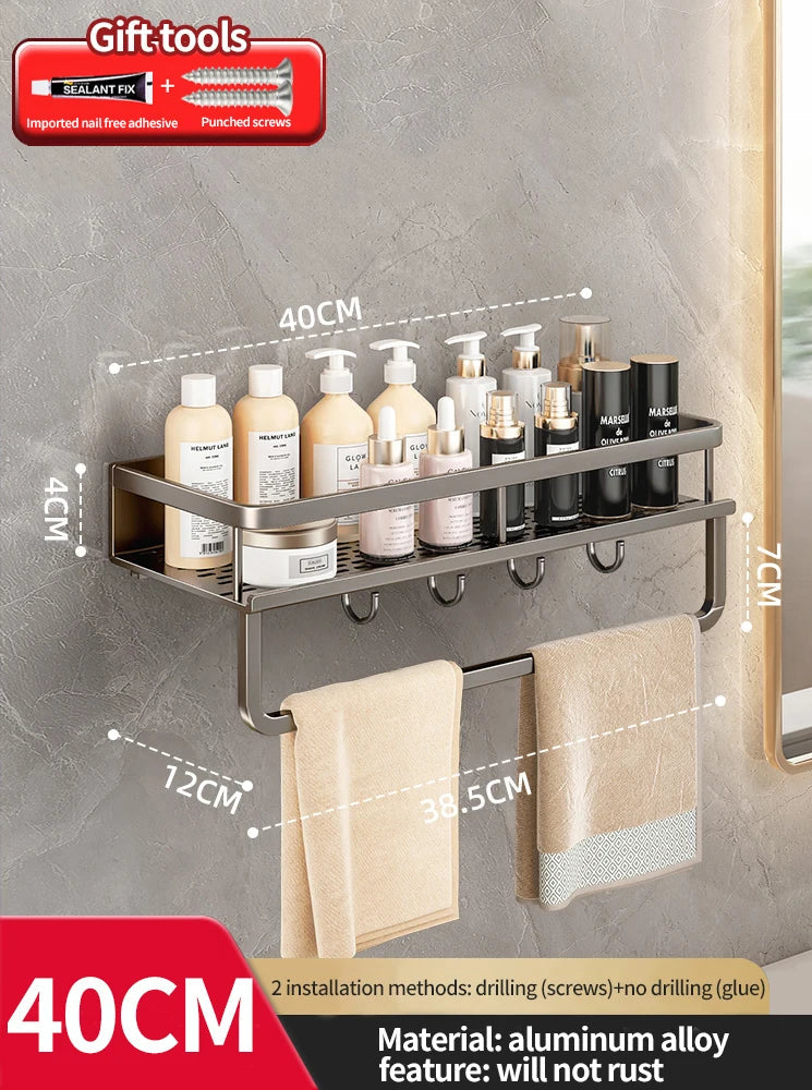Rynx | Punch-Free Bathroom Rack – Aluminum Space-Saving Shelf – No Drill Hanging Organizer – Wall-Mounted Toilet Shelf for Efficient Bathroom Storage