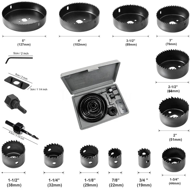 Rynx | Hole Saw Kit: 2/3/6/8/13/16PCS Set with Mandrels, Hex Key & Storage Box - Ideal for Soft Wood & PVC Board