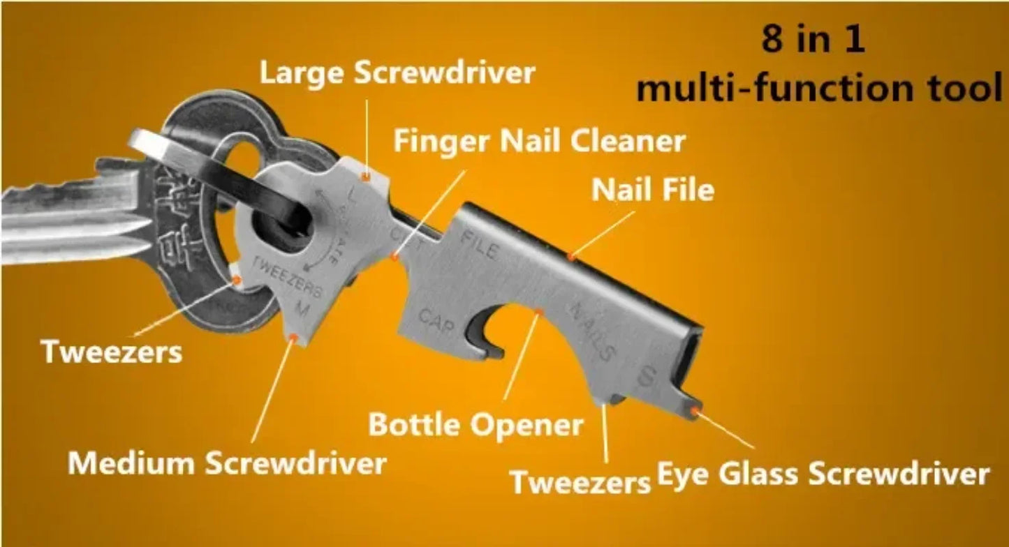 Rynx | EDC 8 in 1 Stainless Steel Multi-Function Keychain Tool - Pendant with Bottle Opener and Screwdriver for Camping and Outdoor Survival