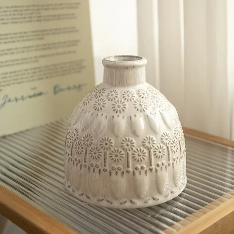 Rynx | Relief Ceramic Vase European Retro Vase Living Room Desk Decoration Ornaments Flower Vases Dried Flower Arrangement Container
