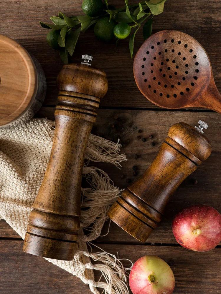 Rynx | Stylish Wood Salt and Pepper Mill Set with Adjustable Ceramic Mechanisms and Elegant Stand