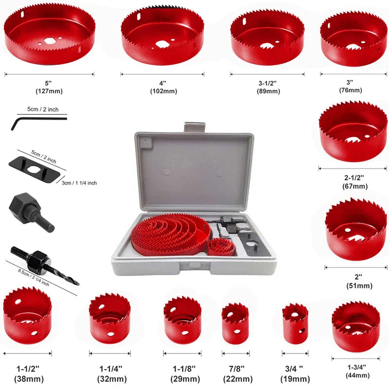 Rynx | Hole Saw Kit: 2/3/6/8/13/16PCS Set with Mandrels, Hex Key & Storage Box - Ideal for Soft Wood & PVC Board