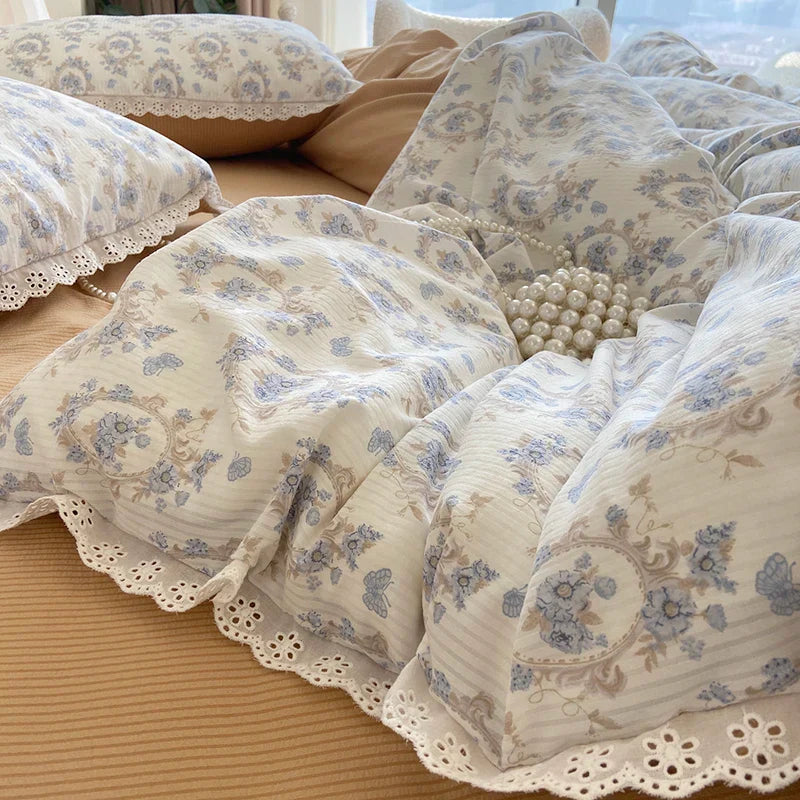 Rynx | Ins Floral Bettwäsche Set Spitze Romantisch Für Frauen Mädchen Flach Spannbetttuch Mit Orange Kissenbezügen Weiches Gewaschenes Baumwolle Vollgröße