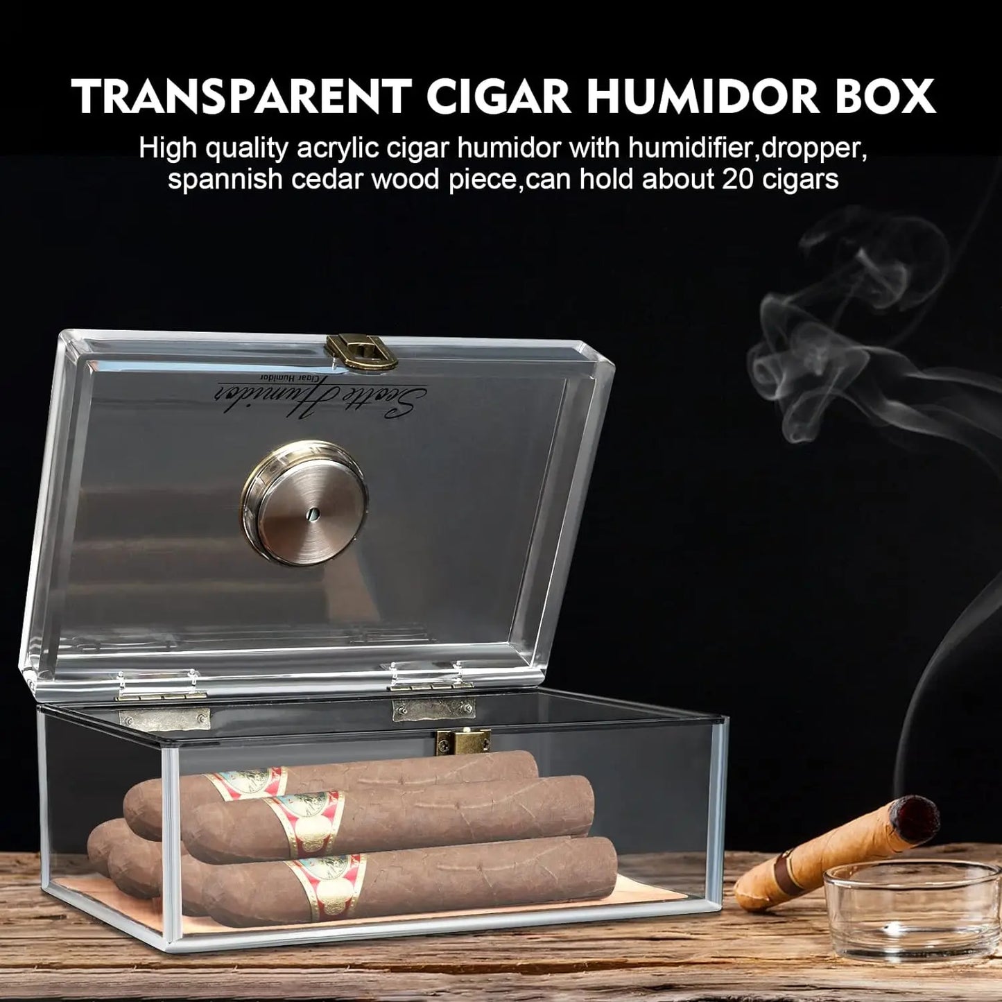 Rynx | Scotte Acrylic Cigar Case Humidor – Holds 20 Cigars, Includes Hygrometer, Humidifier, Cigar Cutters, Punch & Accessories