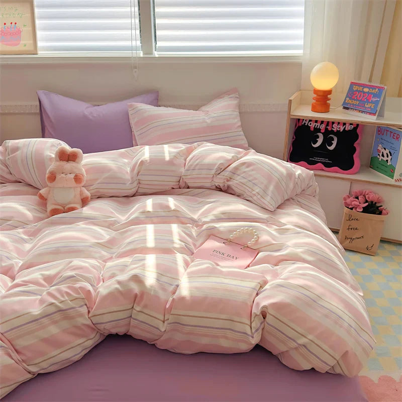 Rynx | INS Stripes Bedding Comforter Set Pillowcase Bed Sheet Twin Full Size Bedding Duvet Set Queen/King Double Twin