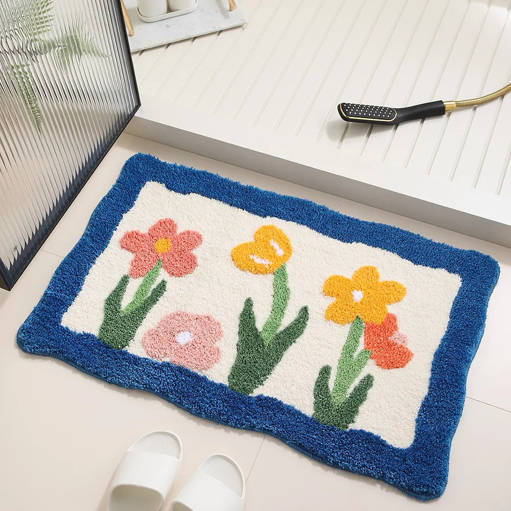 Rynx | Floral Tuffing Bathroom Mat Soft Tulip Nightstand Foot Rug Carpet Floor Cushion Bedroom Doormat Aesthetic Living Space Order Decor