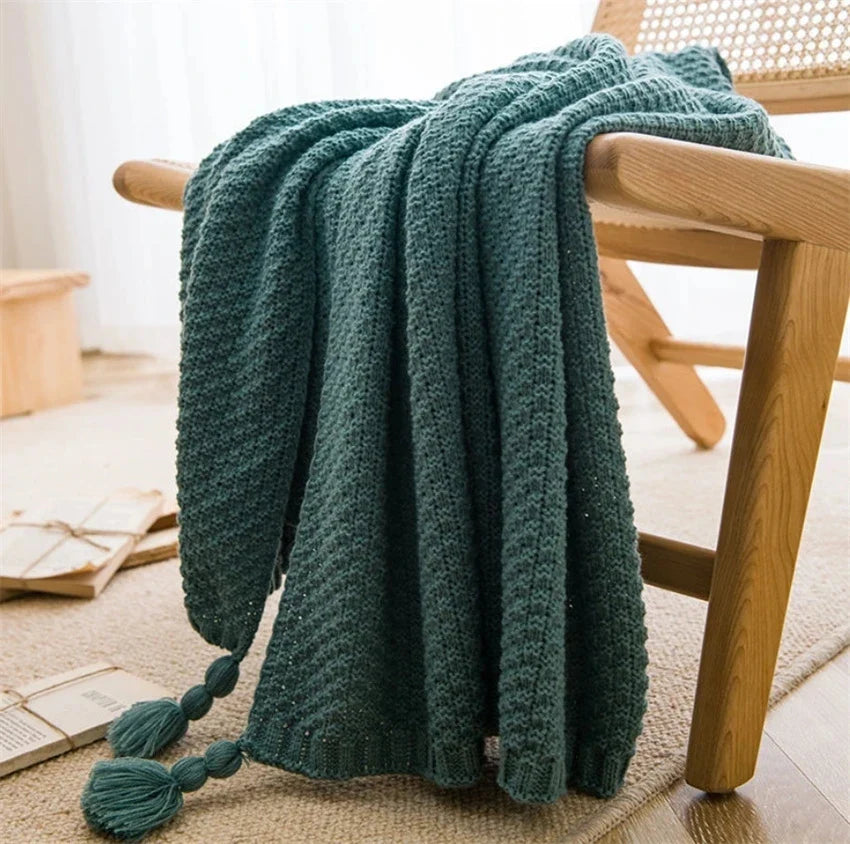 Rynx | Nordic blankets for bed sofa couch chunky knit bedspread knitted throw blanket with fringes solid color waffle embossed blanket
