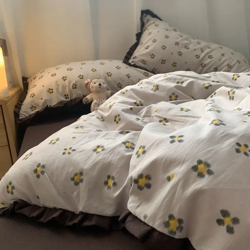 Rynx | French Style Bedding Set Pastel Colored Grape Double-layered Gauze Light Purple Wash Cotton Duvet Cover Bed Sheet Blanket