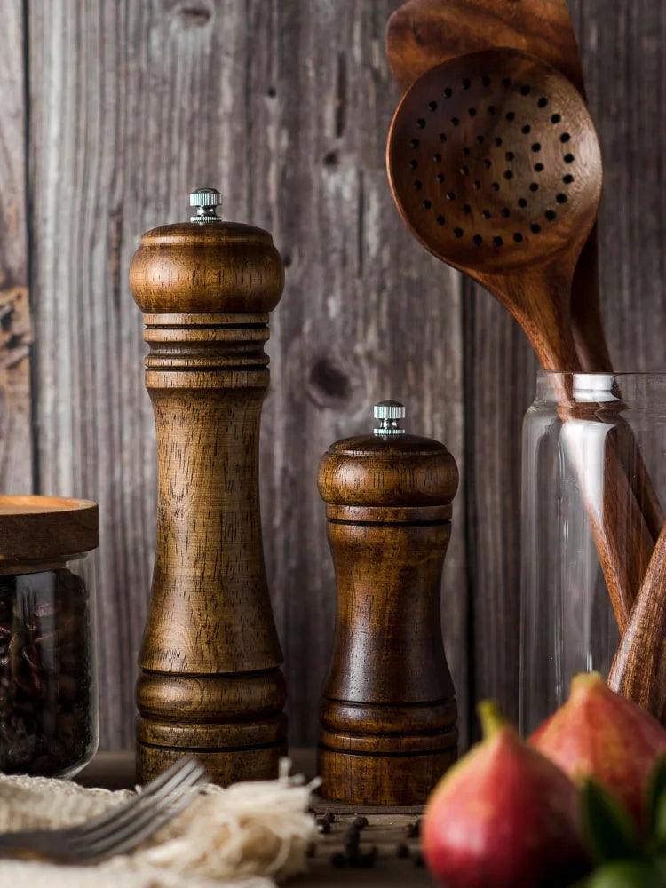 Rynx | Stylish Wood Salt and Pepper Mill Set with Adjustable Ceramic Mechanisms and Elegant Stand