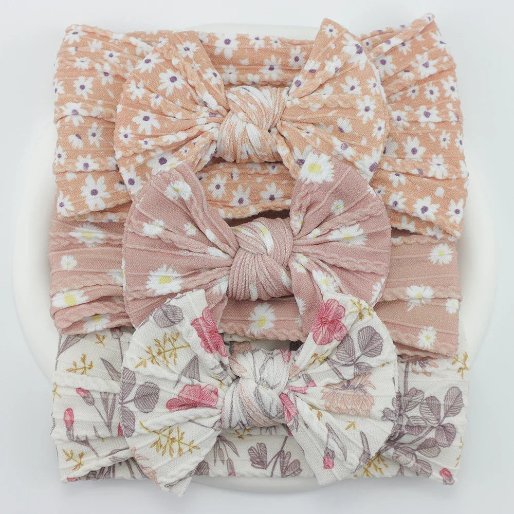 Rynx | 3Pcs Baby Headband Set: Knit Bows, Elastic Nylon Turban