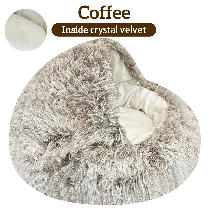 Rynx | Long Plush Cat Bed Round Cat Pillow Cat House 2 in 1 Warm Cat Basket Cat Sleeping Bag Cat Nest Kennel for Small Dog Cat