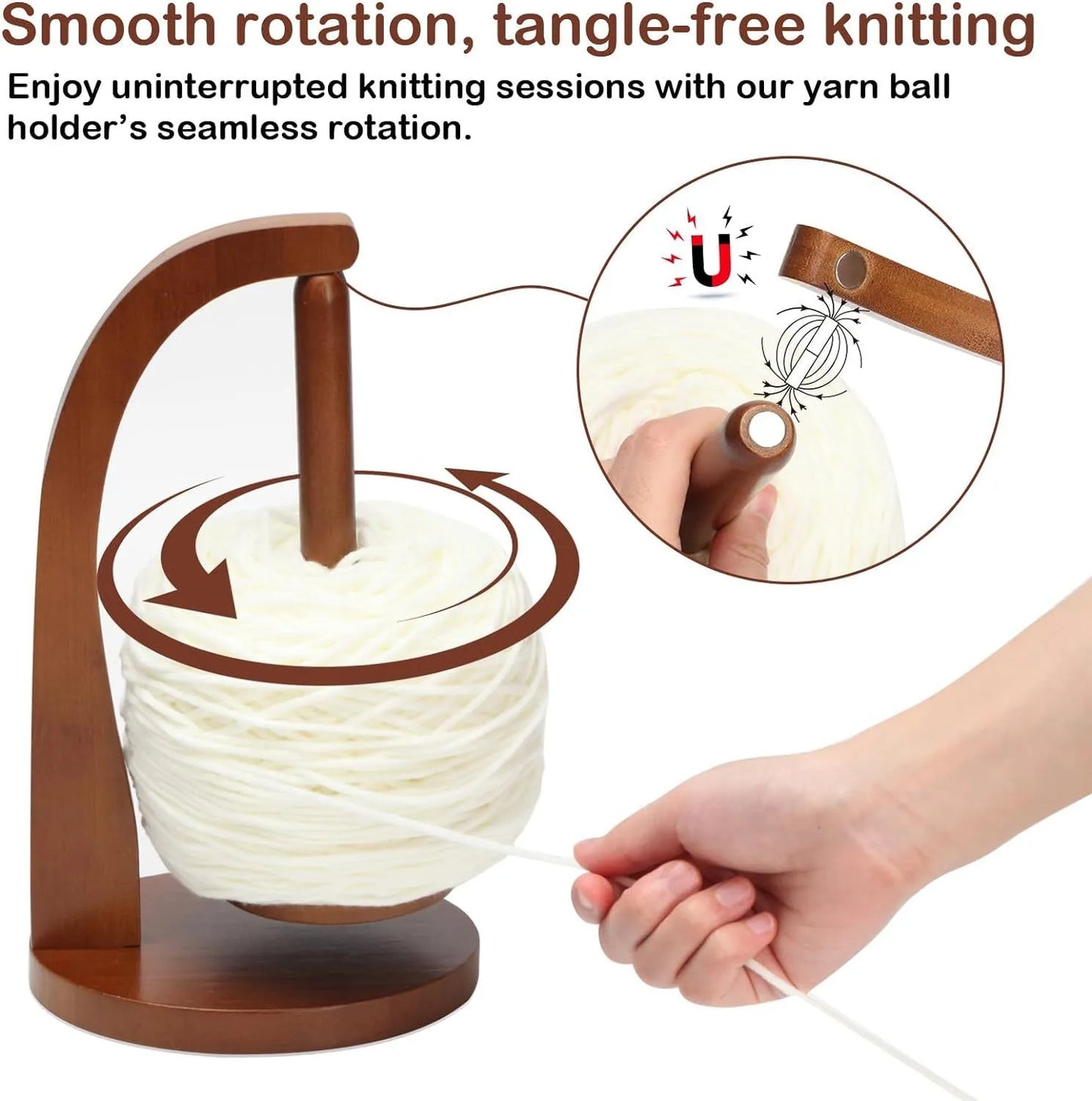 Rynx | 360° Rotation Wooden Yarn Holder: Spinning Knitting Tools - Crochet Holder with Rotating Magnetic Thread Spool, Wool Ball Winder