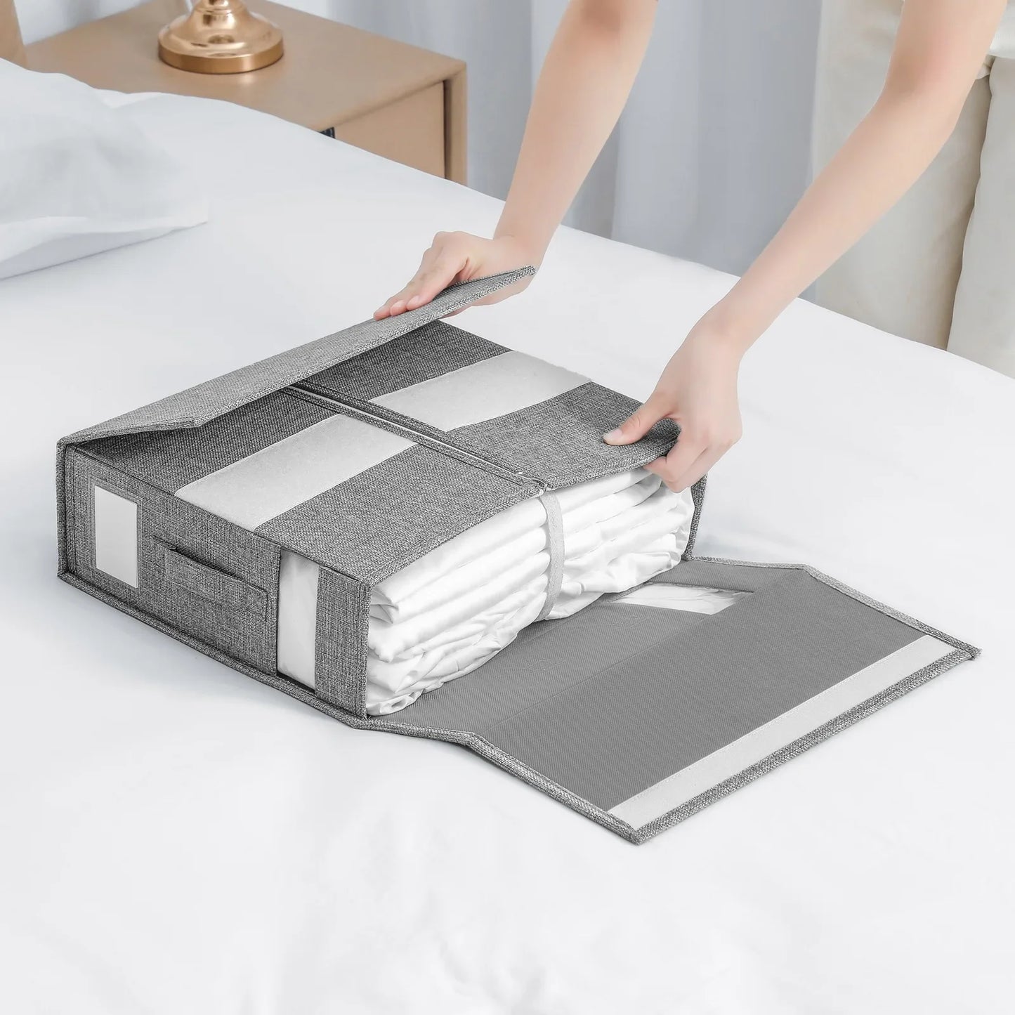 Rynx | Folding Fabric Sheet Set Storage Box Organizer - Window Zipper Blanket Organizer Box for Wardrobe and Bed Clothes Storage