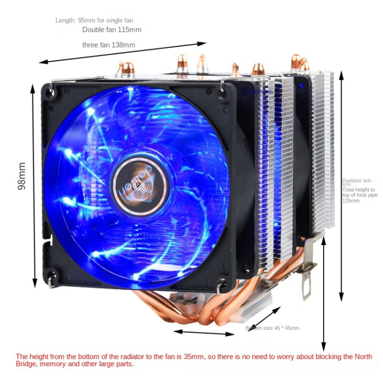 Rynx | Desktop Computer 6 Copper Pipe CPU Cooler Super Quiet Blue Light 3-Pin Single Fan