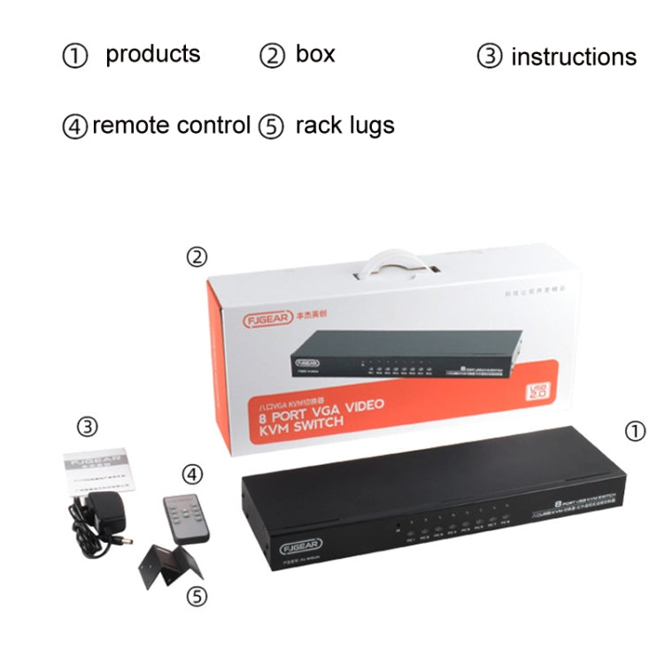 Rynx | FJGEAR FJ-810UK 8 In 1 Out Computer Host VGA To KVM Switch With Desktop Switch, EU Plug (Black)