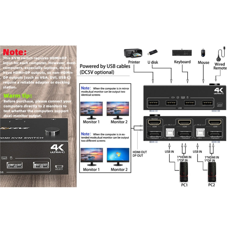 Rynx | 202DH DP HDMI Dual Channel KVM Switch Computer Host DP Interface Keyboard Mouse Sharing Display (Black)