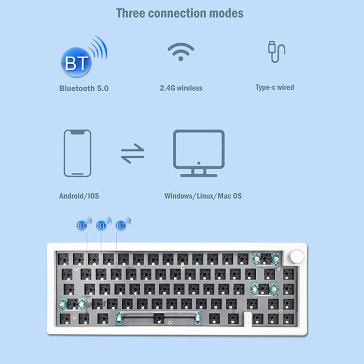 Rynx | 67 Keys Three-Mode Customized DIY With Knob Mechanical Keyboard Kit Supports Hot Plug RGB Backlight, Color: White