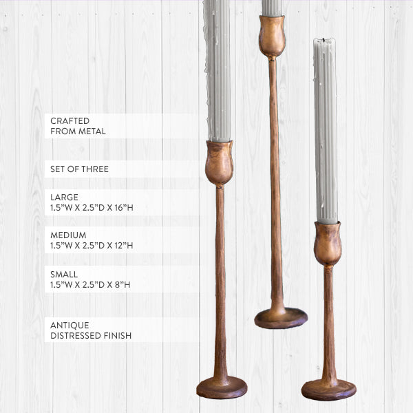 Rynx | Antique Brass Metal Pillar Candle Holders, Set of 3