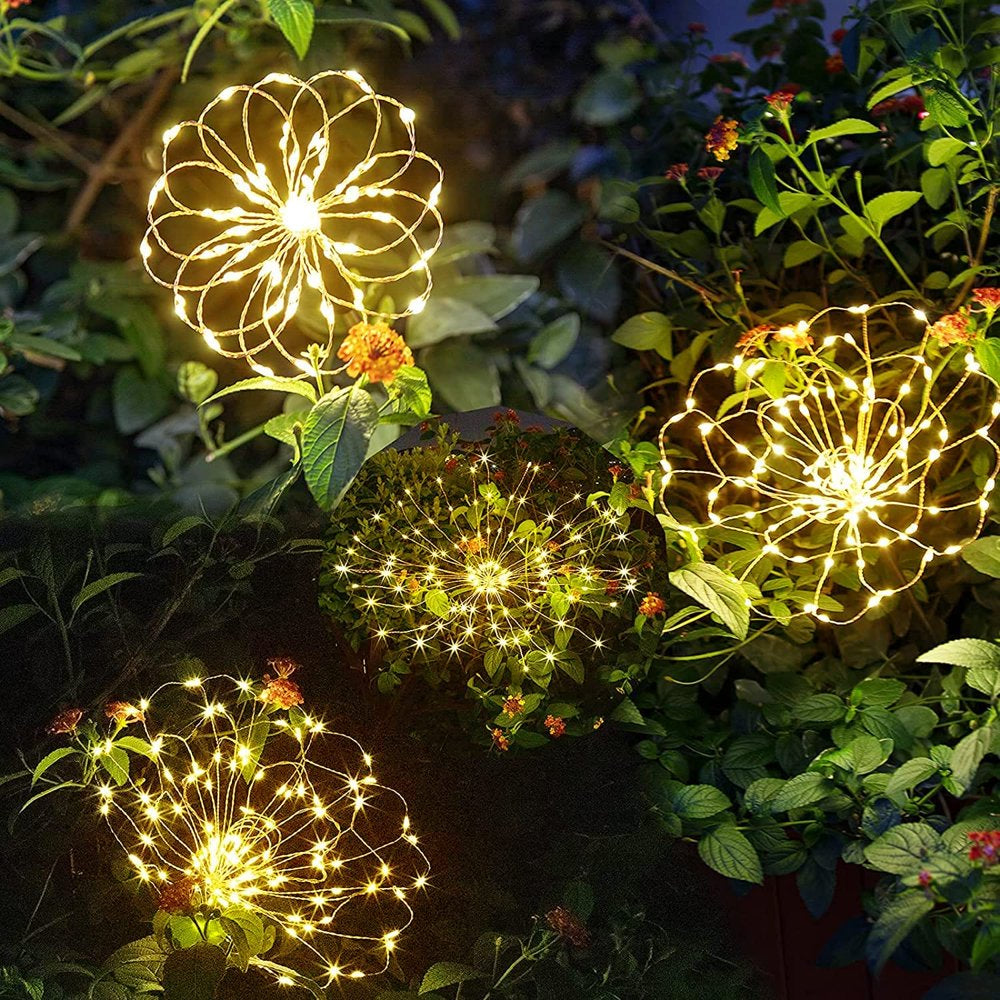 Rynx | Outdoor sunlight, Solar firework lights, 4 pack solar garden lights with 120 LED hedge star lights 8 modes patio fairy lights for pathway lawn backyard decoration (Warm white)